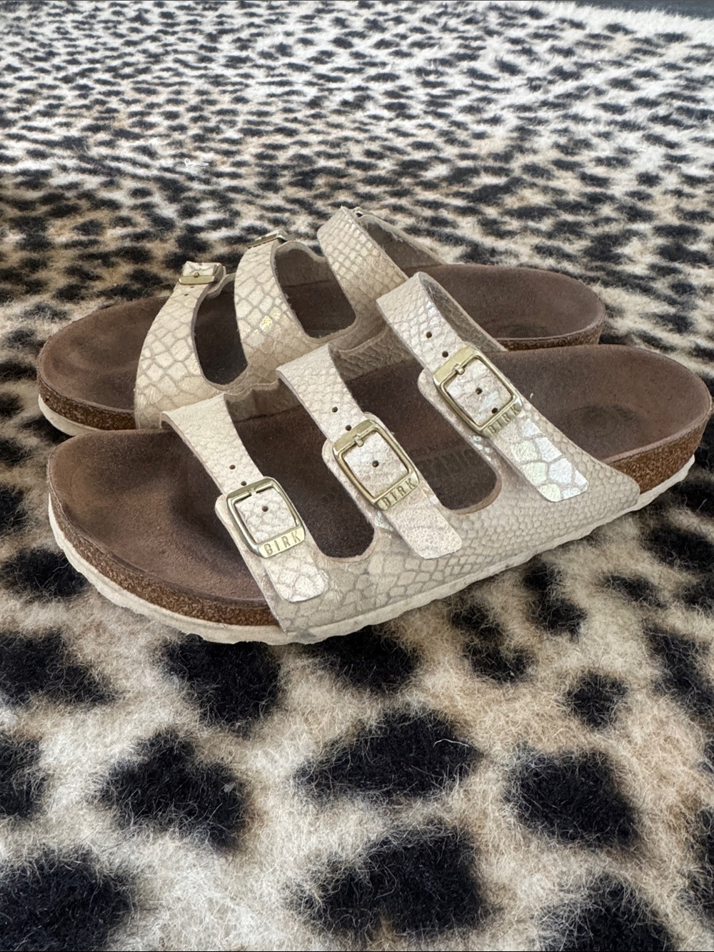 Birkenstock Women's Three-Strap Sandal in Light Tan with Metallic Buckles